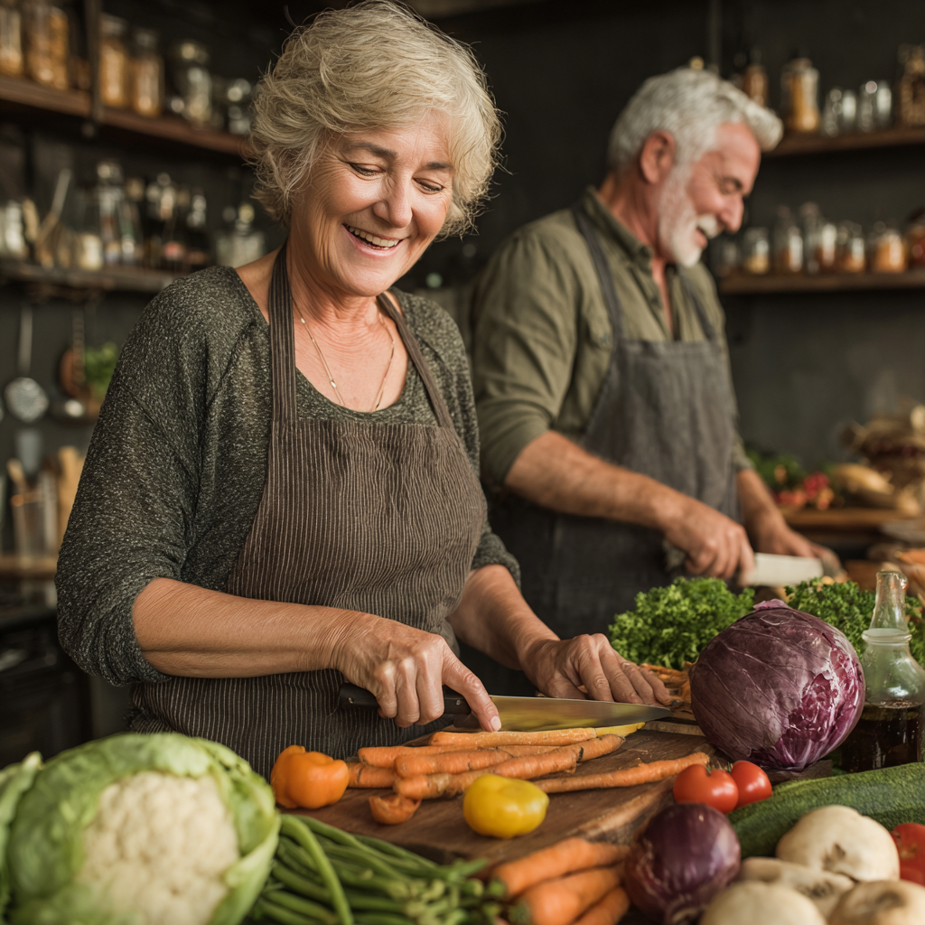 Pareja de adultos de 55-60 años haciendo ejercicio al aire libre, corriendo juntos en un parque con ropa deportiva, mostrando vitalidad y energía