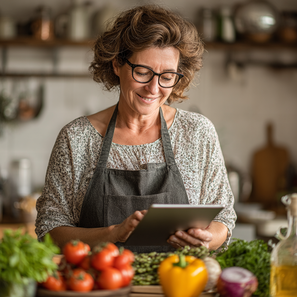 Mujer de 55 años sonriente revisando su tablet mientras cocina verduras frescas en una cocina luminosa, mostrando satisfacción al seguir su plan nutricional personalizado
